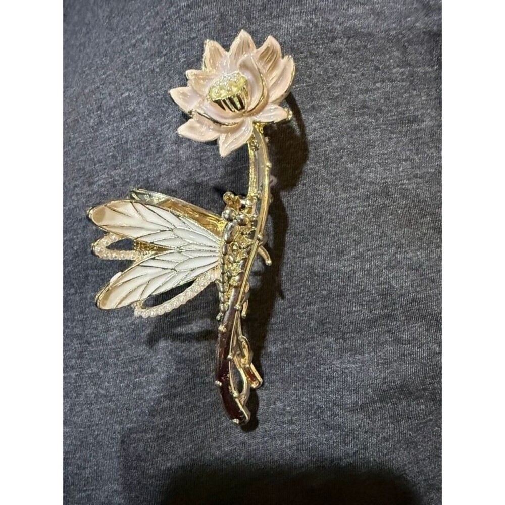 Gold Dragonfly Lotus Flower Hair Claw Clip Pink Enamel Statement
